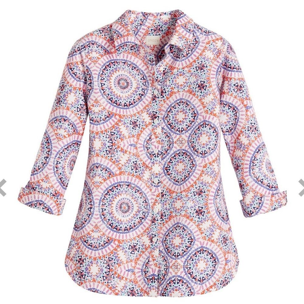Chicos ‘Danise’ Sunburst No-Iron Button-Down 3/4 sleeve cotton blouse medium